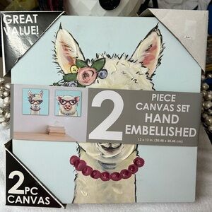2 pc.Hand-Embellished Llama and Pig Canvas Wall Art -